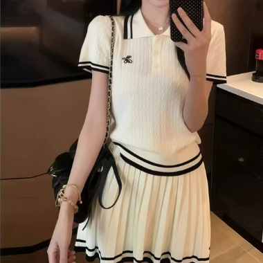 レディース ポロシャツ リブ編みプリーツスカート付きセットアップポロシャツ