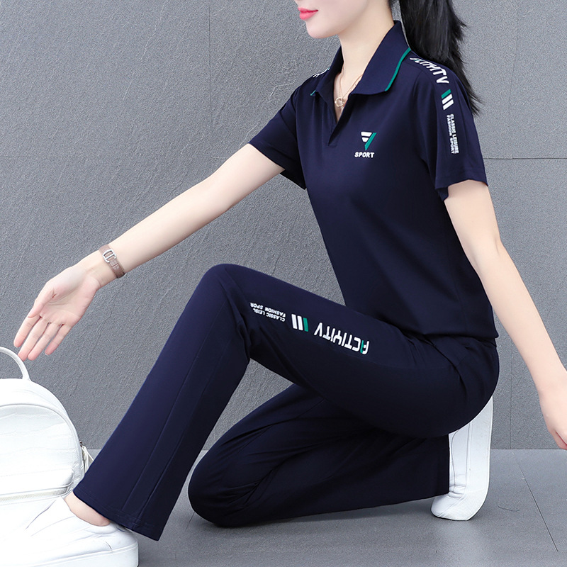 レディース ポロシャツ スポーティーロゴ刺繍入り襟付き上下セット