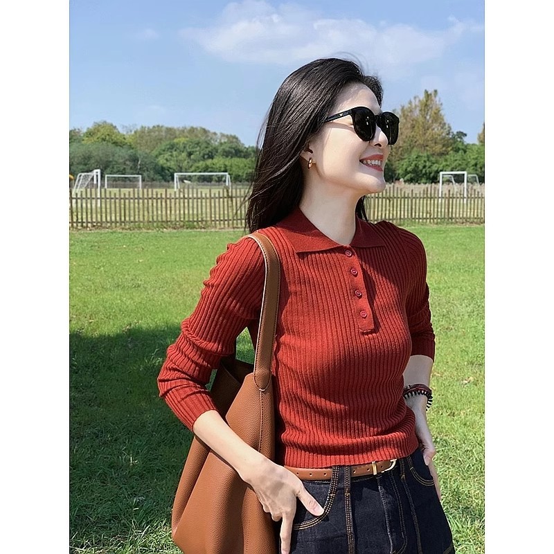 レディース ポロシャツ リブ編み襟付き長袖ニットポロシャツ