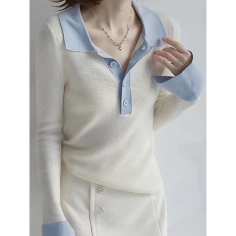 レディース ポロシャツ 配色切替デザイン襟付きニットポロシャツ長袖