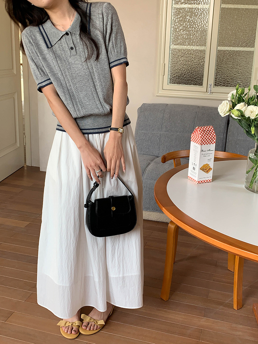 レディース ポロシャツ 配色ライン入りケーブル編みニットポロシャツ