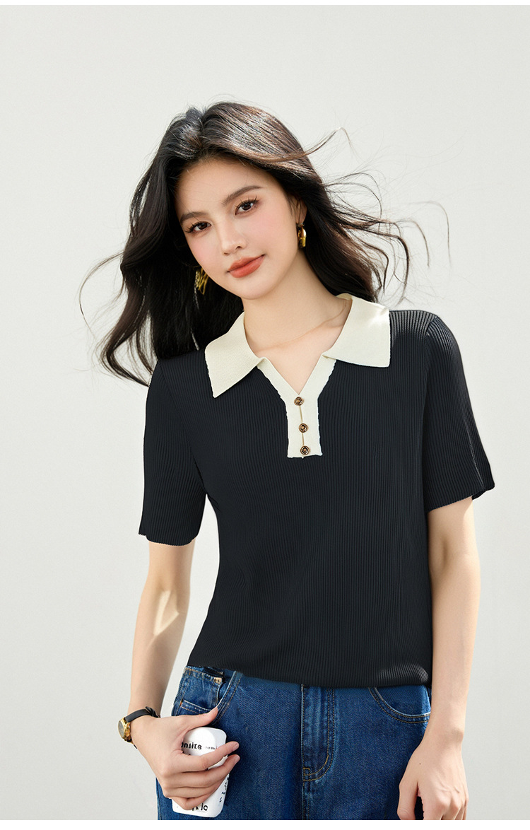レディース ポロシャツ 配色襟リブニット半袖ポロシャツ