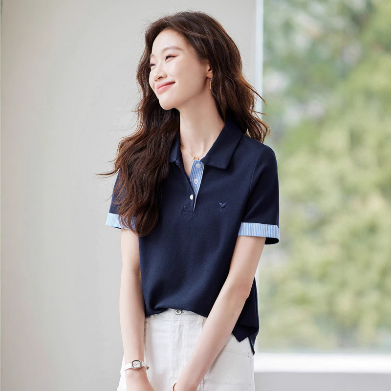 レディース ポロシャツ 襟元ストライプ配色切替半袖ポロシャツ