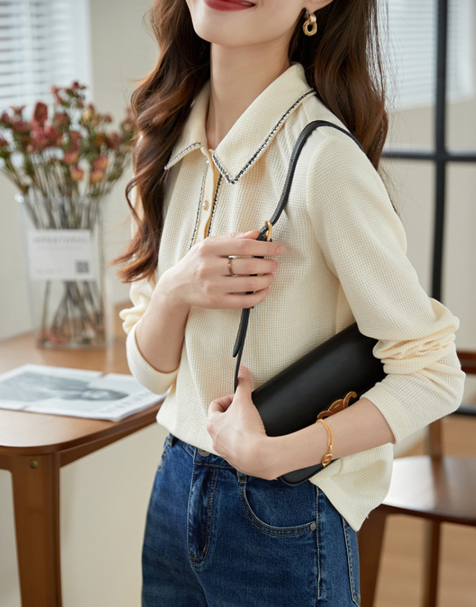 レディース ポロシャツ パイピング装飾付きニット素材襟付き長袖