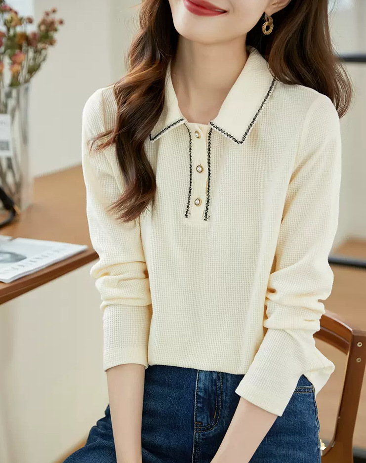 レディース ポロシャツ パイピング装飾付きニット素材襟付き長袖