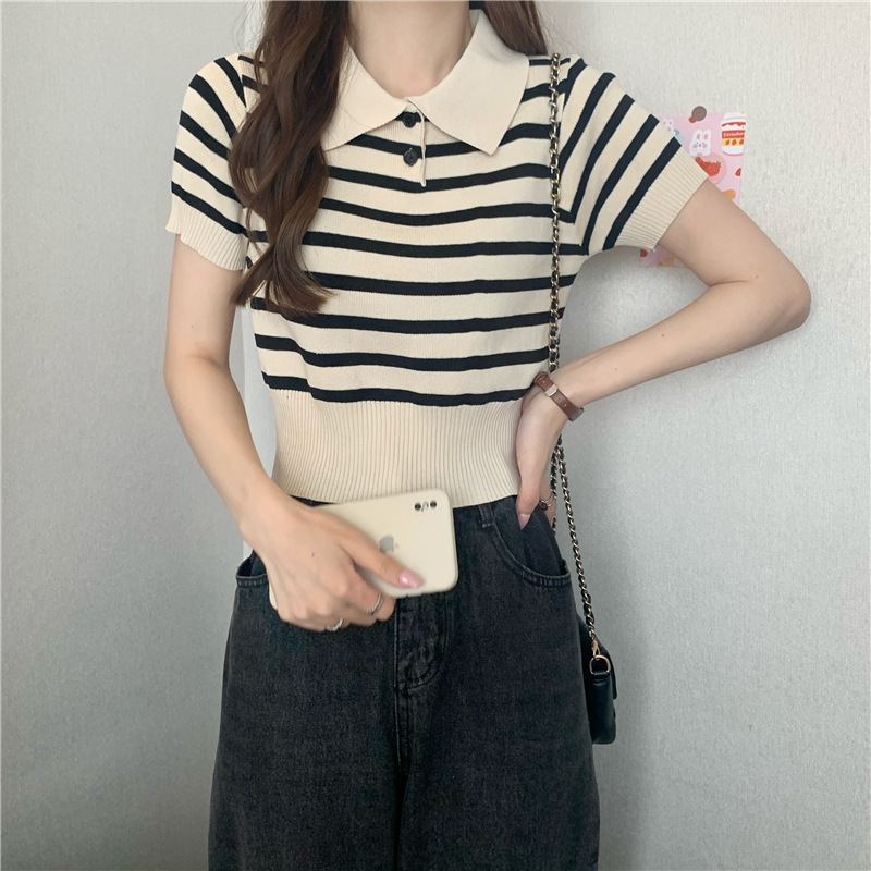レディース ポロシャツ ボーダー柄ニットポロシャツ裾リブデザイントップス