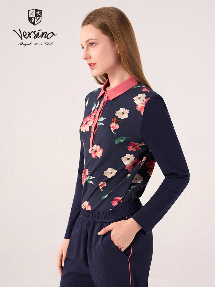 ポロシャツ 花柄デザイン長袖ポロシャツ