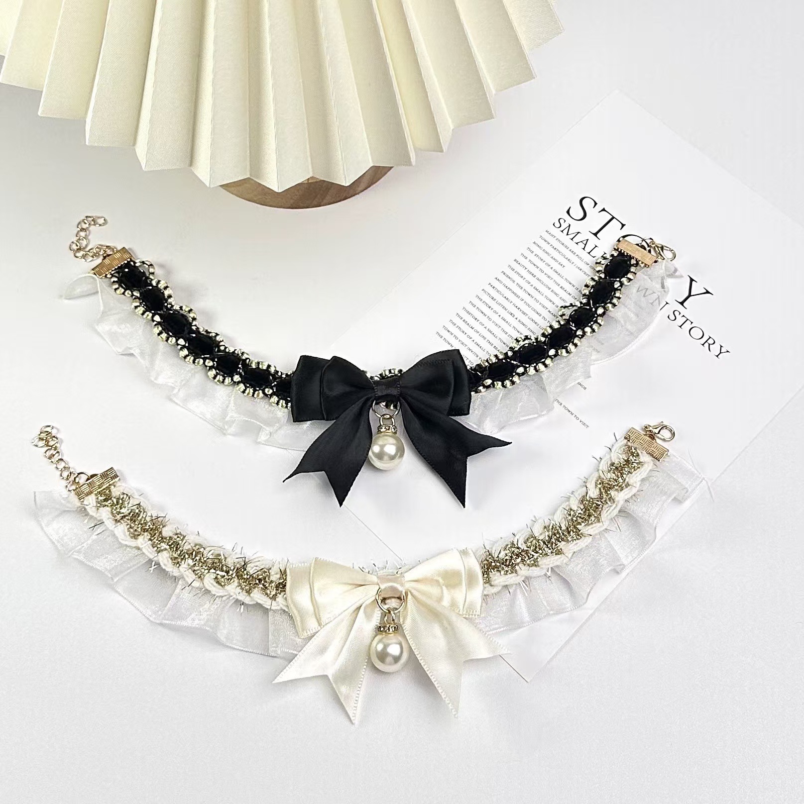 ペット用首輪 煌めき真珠の華やか立体リボン首輪