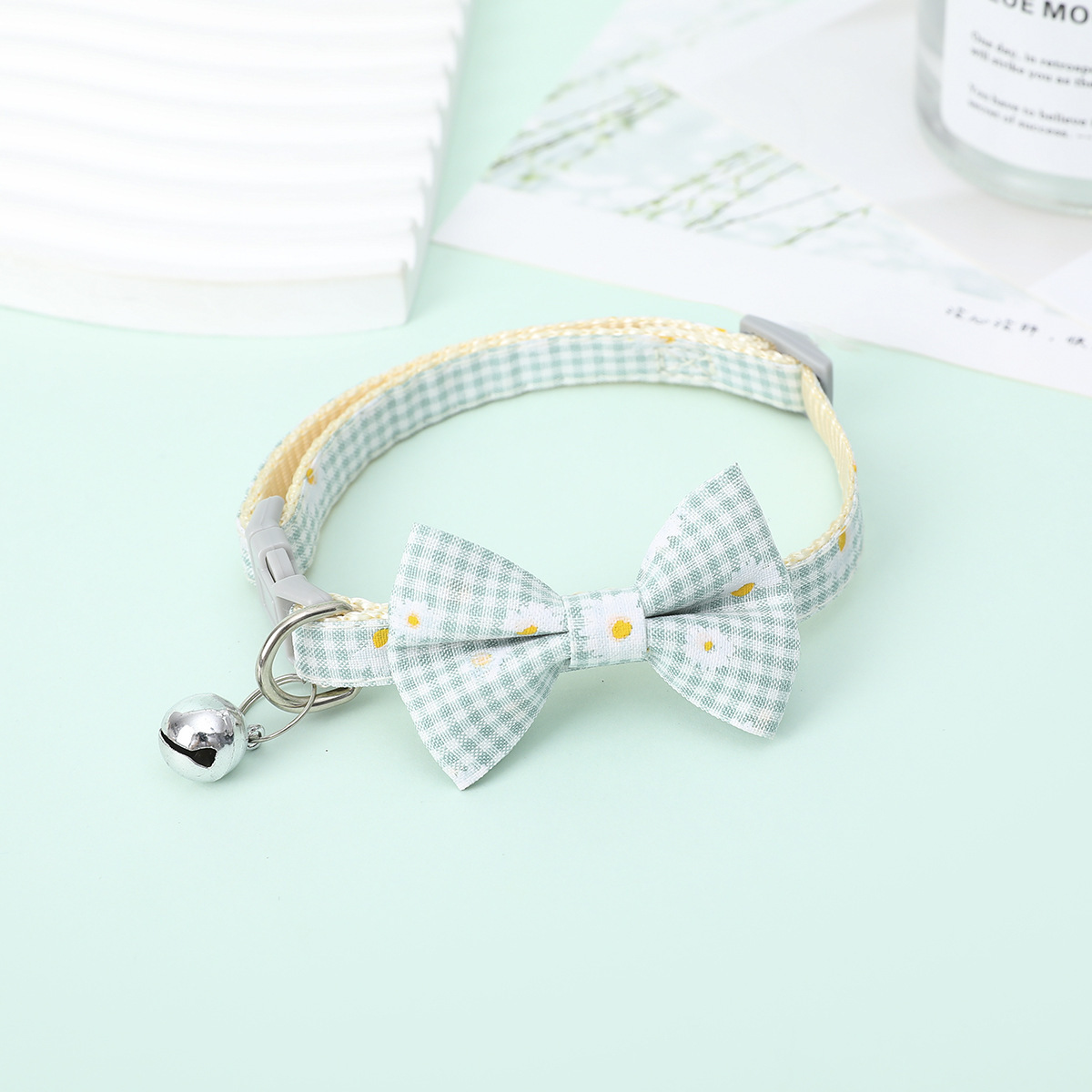 ペット用首輪 小花刺繍リボン付きギンガムチェック首輪鈴付き