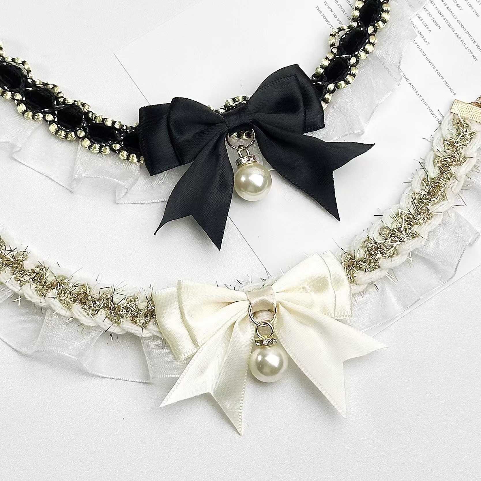 ペット用首輪 煌めき真珠の華やか立体リボン首輪