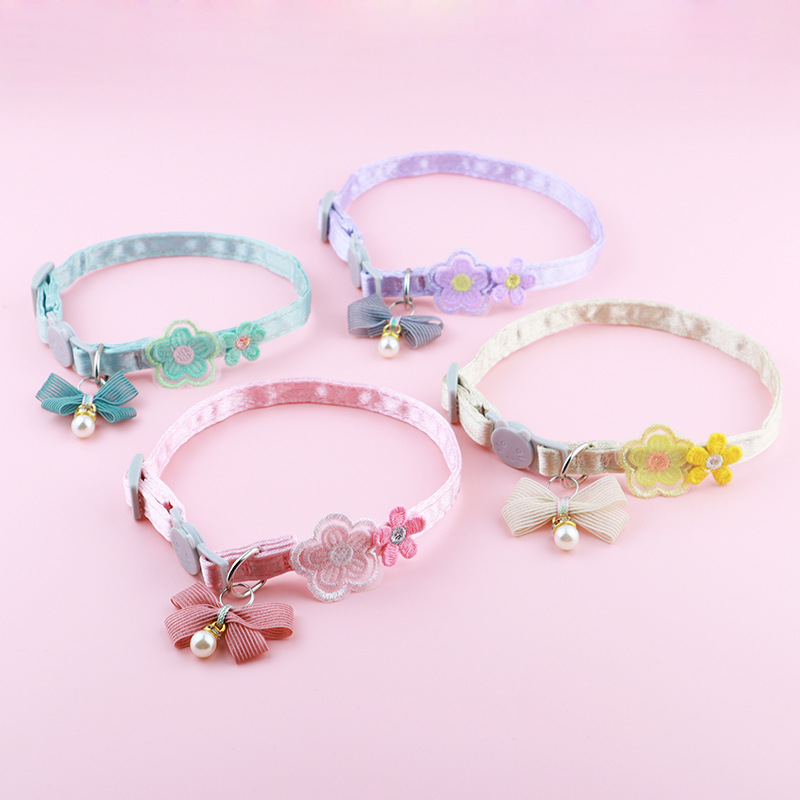 ペット用首輪 花刺繍とリボンの華やか安全首輪