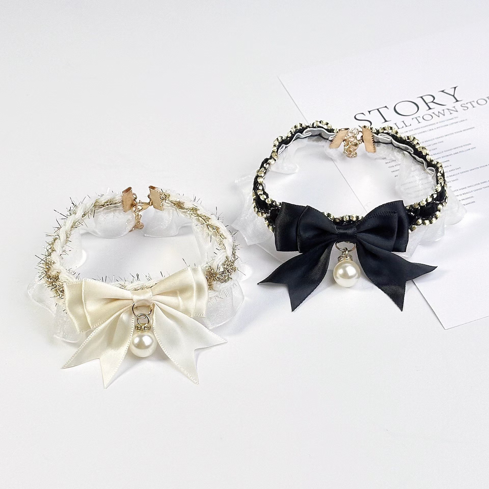 ペット用首輪 煌めき真珠の華やか立体リボン首輪