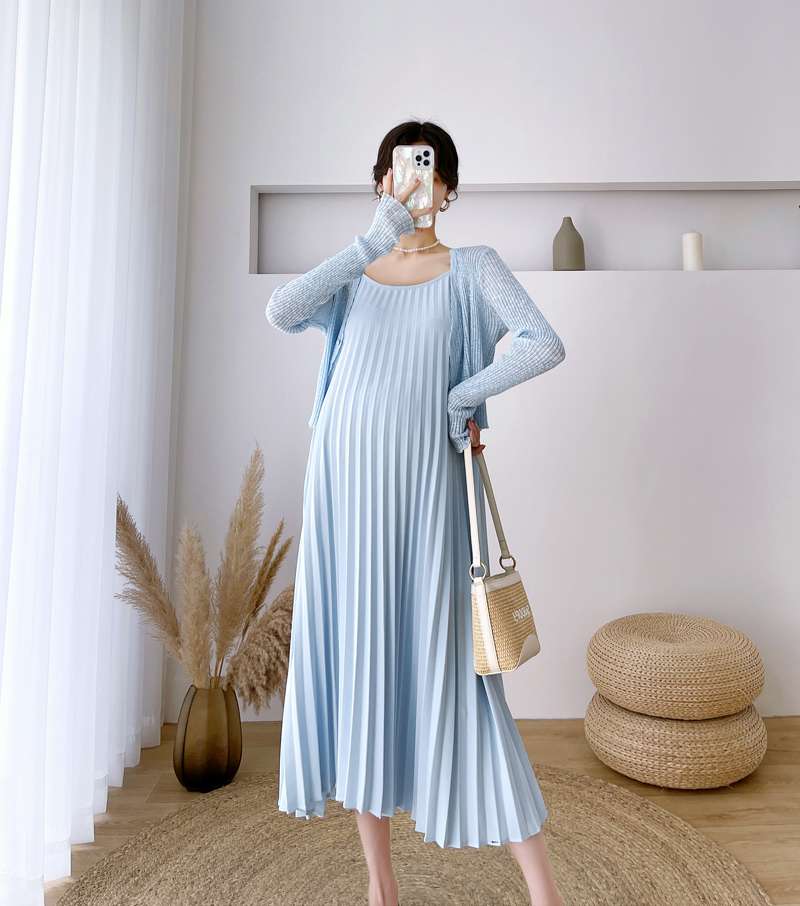 マタニティドレス プリーツマキシ丈結婚式ドレスワンピース　