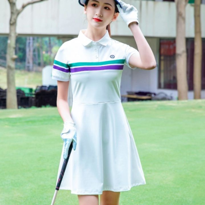 レディース ゴルフウェア ボーダーライン切替え半袖フレアワンピース