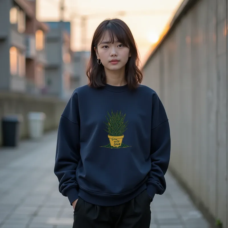 【ユニセックストレーナー】観葉植物刺繍入りゆったりトレーナー