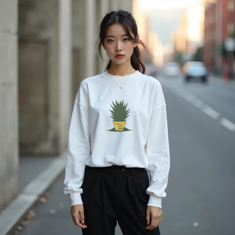 【ユニセックストレーナー】観葉植物刺繍入りゆったりトレーナー