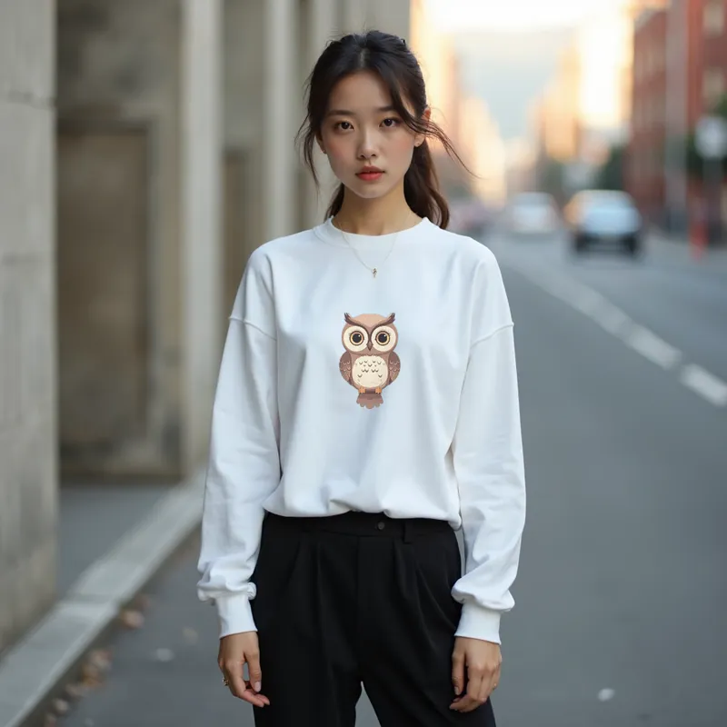 【ユニセックストレーナー】ふくろう刺繍のゆったりトレーナー