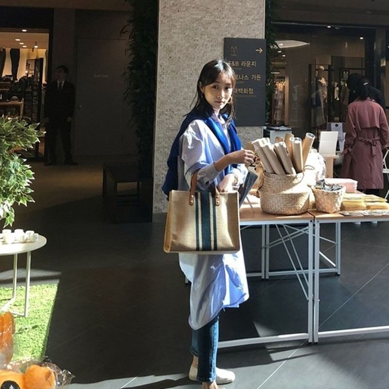 ブリーフケース ナチュラル麻混ストライプトート