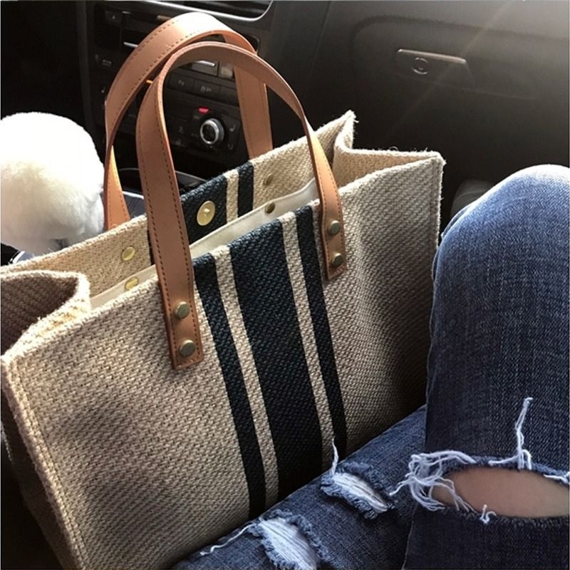 ブリーフケース ナチュラル麻混ストライプトート
