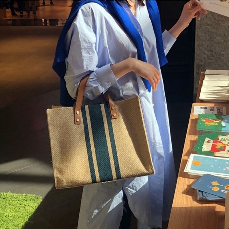 ブリーフケース ナチュラル麻混ストライプトート