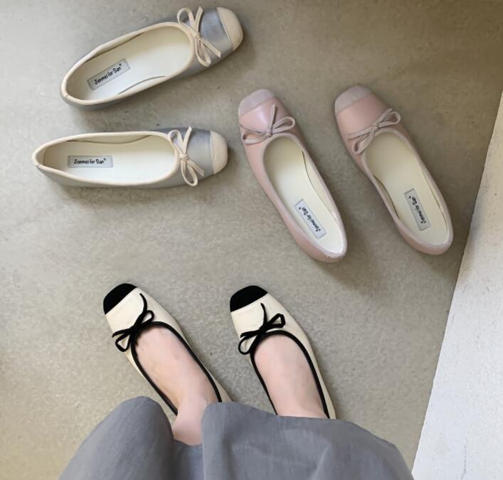 リボン付き ぺたんこパンプス ラウンドトゥ 合皮シューズ
