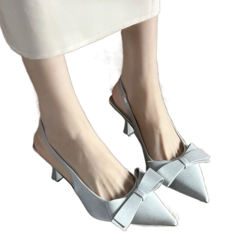 結婚式 パンプス グレーパンプス ポインテッドトゥリボンスリングバックパンプス