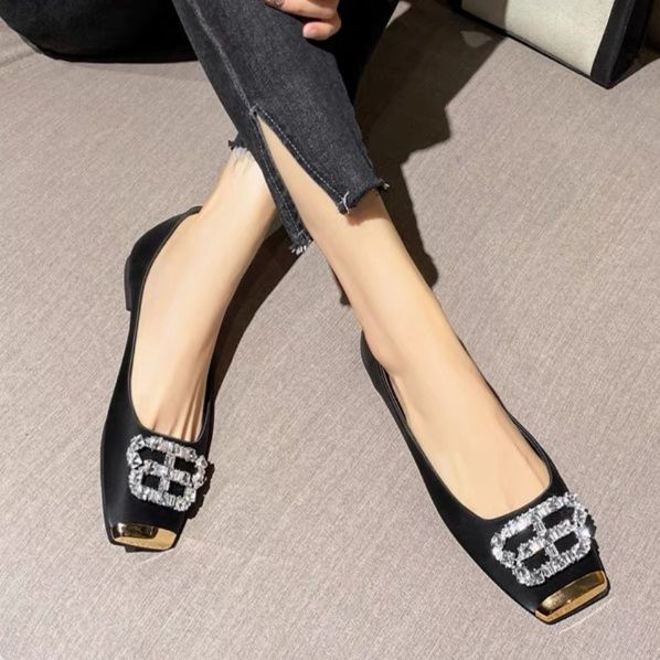 結婚式用 上質黒ビジュー スクエアトゥぺたんこパンプス