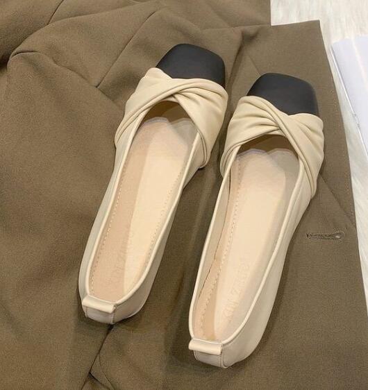 バイカラー ぺたんこパンプス リボン付き やわらか素材 痛くない 婦人靴