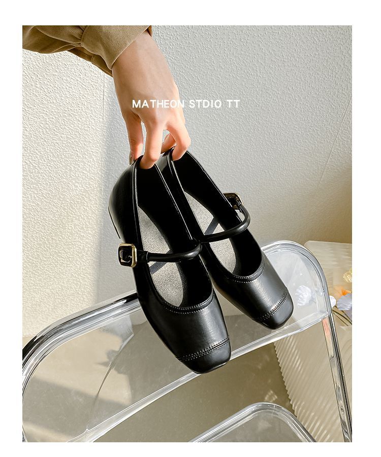 就活対応 黒革調パンプス ストラップ付き太ヒール 女性用