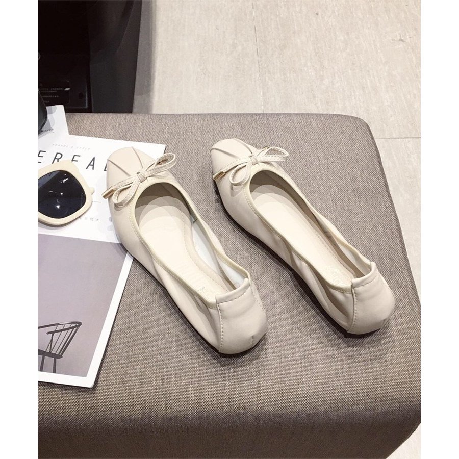 リボン付き ぺたんこパンプス 折りたたみ可能 春夏