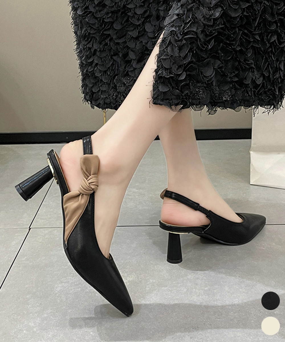 結婚式 パンプス 黒リボン付きポインテッドトゥパンプス バックストラップ