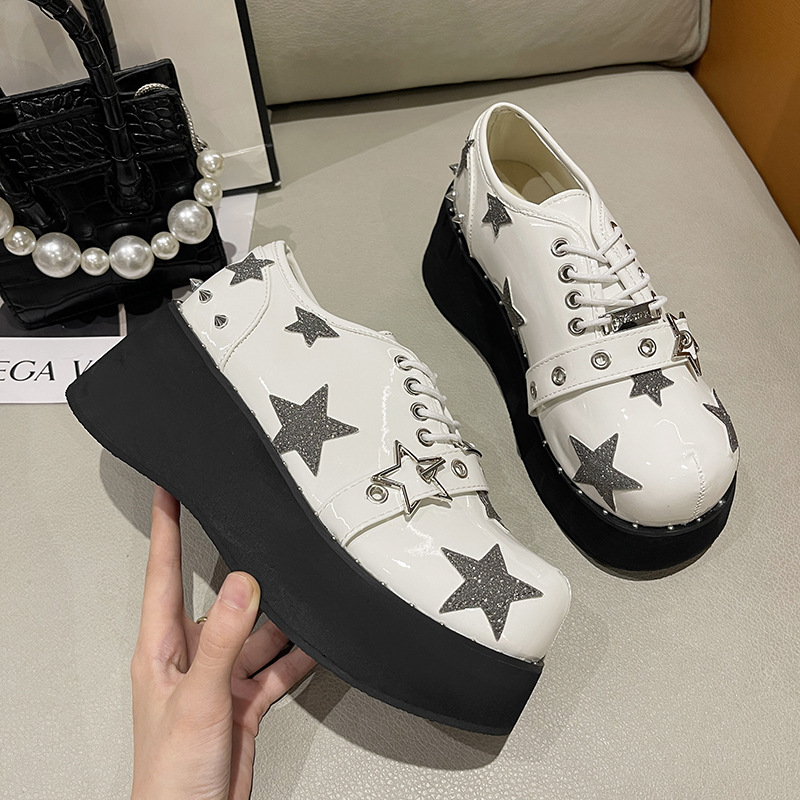 パンクファッション レザーパンク系星柄厚底合皮レディースローファー