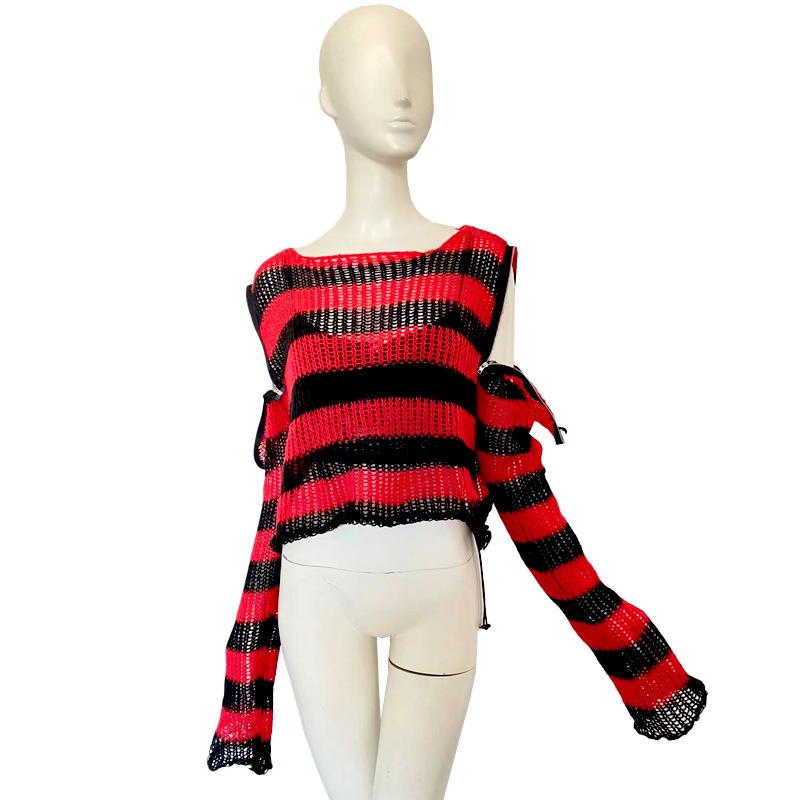 パンクファッション ダメージ加工ボーダーニットセーター