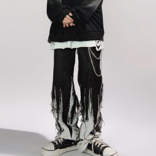 パンクファッション メンズ暗黒系チェーン付きフリンジワイドパンツ