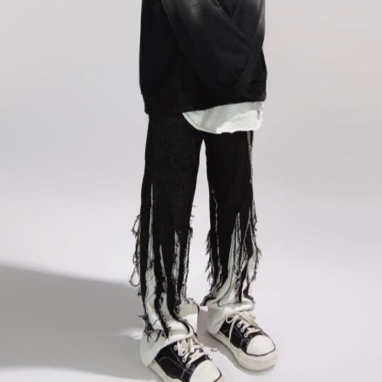 パンクファッション メンズ暗黒系チェーン付きフリンジワイドパンツ
