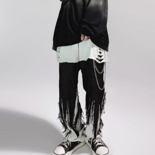 パンクファッション メンズ暗黒系チェーン付きフリンジワイドパンツ