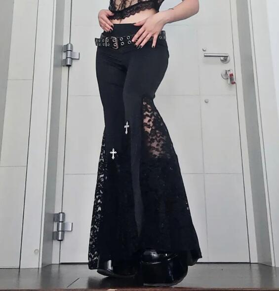 パンクファッション 暗黒系パンク風レース付きフレアパンツ