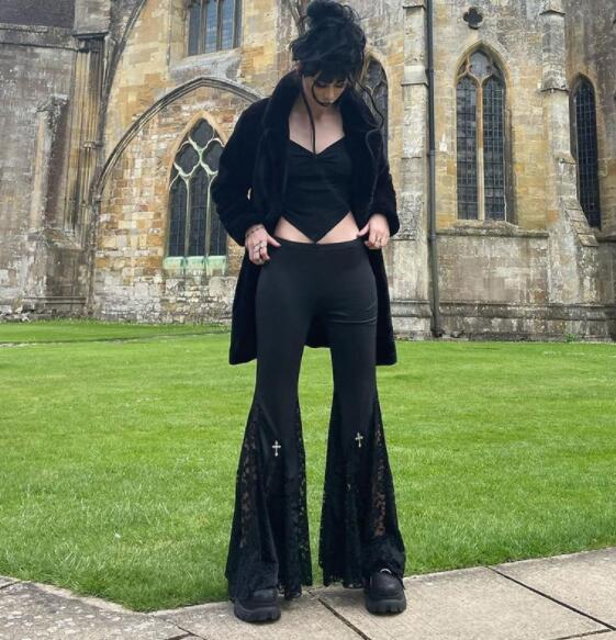 パンクファッション 暗黒系パンク風レース付きフレアパンツ