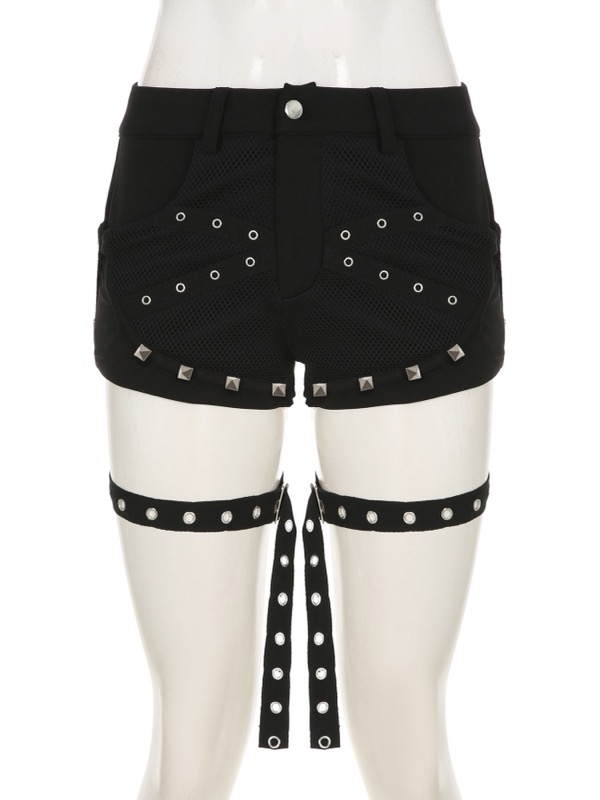 パンクファッション ガーターベルト付きスタッズ装飾ショートパンツ