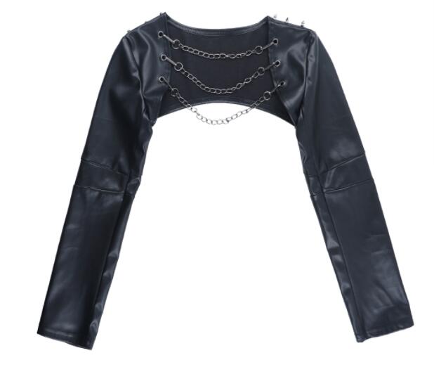 パンクファッション 黒革風スタッズ付きショート丈ジャケット