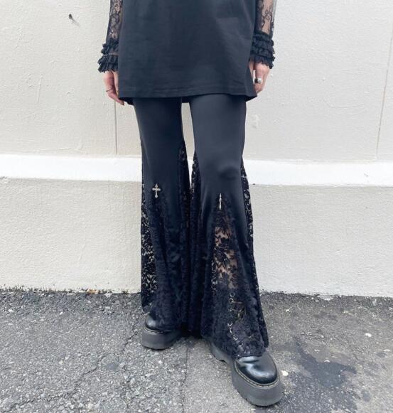パンクファッション 暗黒系パンク風レース付きフレアパンツ