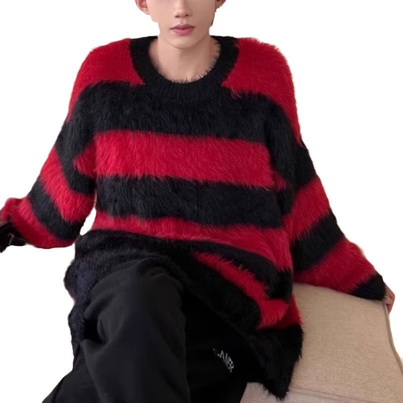 （非表示）パンクファッション モヘアボーダーニットセーター