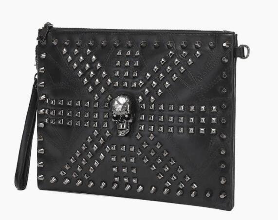 パンクファッション スタッズ装飾黒革風ショルダーバッグ パンク系ポーチ
