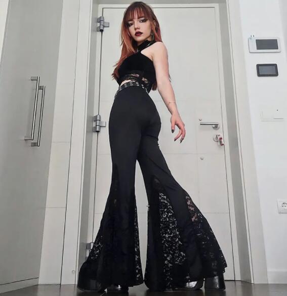 パンクファッション 暗黒系パンク風レース付きフレアパンツ