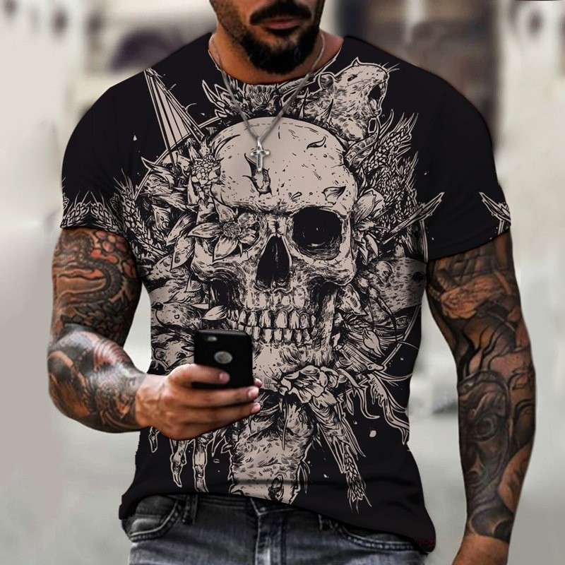 （非表示）パンクファッション  ドクロプリント 半袖Tシャツ