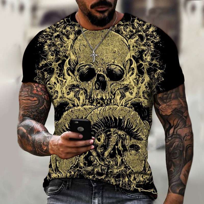 （非表示）パンクファッション  ドクロプリント 半袖Tシャツ