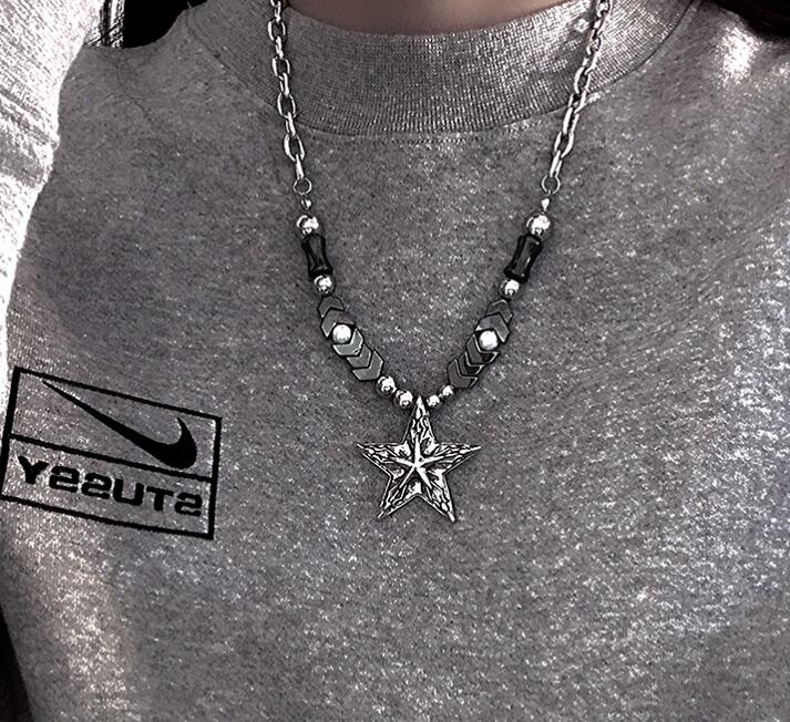 パンクファッション 星型ペンダント付きビーズチェーンネックレス