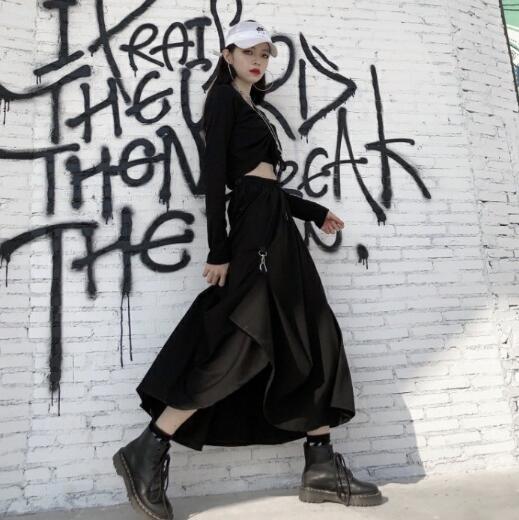 パンクファッション 秋冬レディース暗黒系パンク風不規則ロングスカート