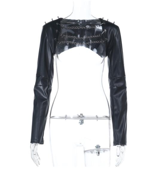 パンクファッション 黒革風スタッズ付きショート丈ジャケット