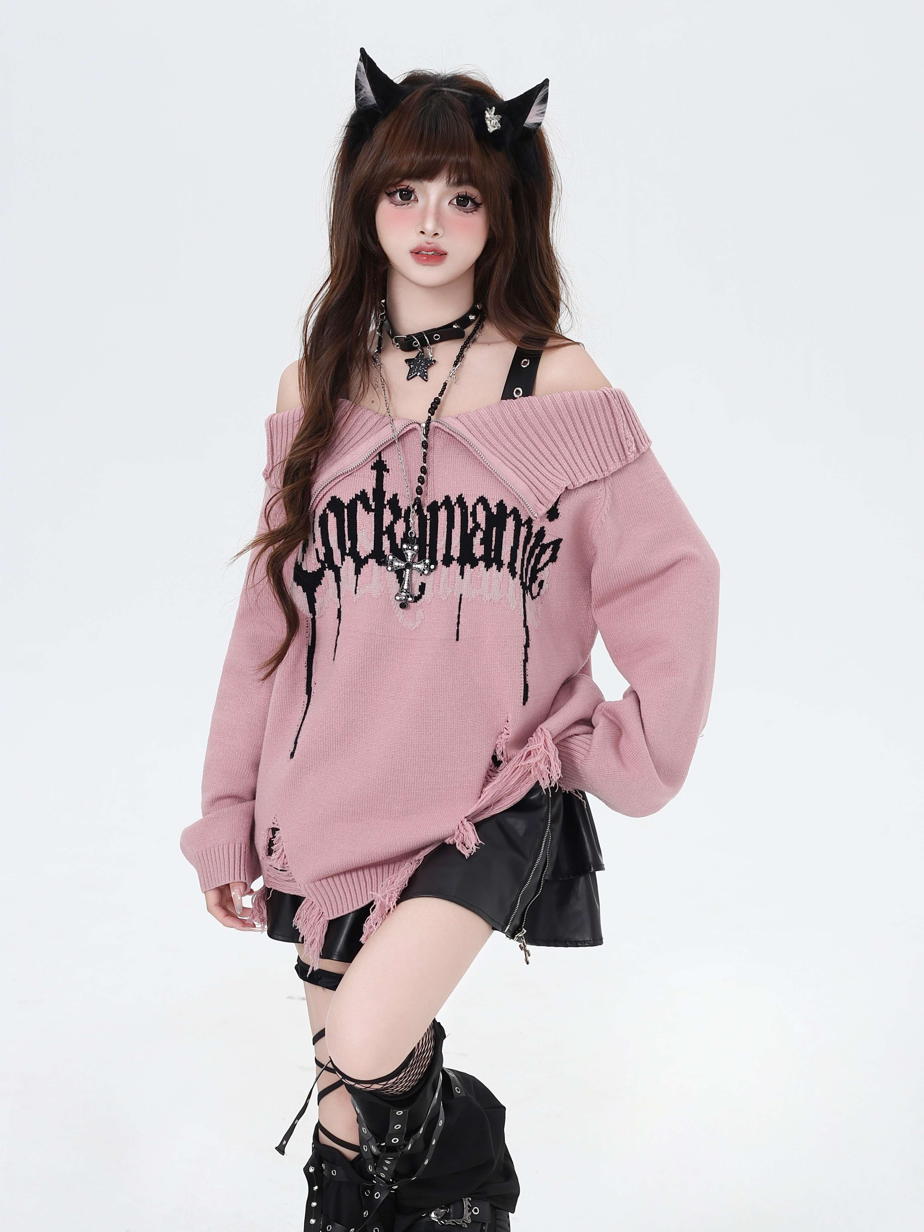 パンクファッション ダメージニットオフショルダー
